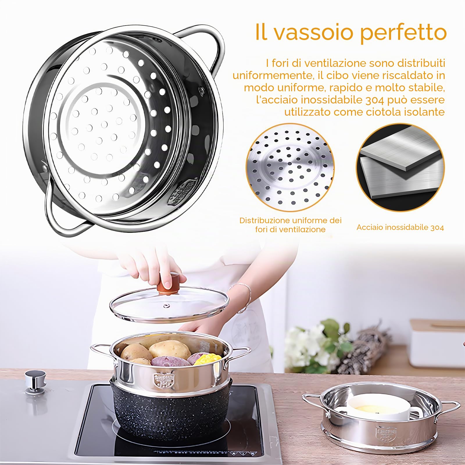 Cestello per Cottura A Vapore In Acciaio Inox,Cestello per Cuocere Verdure a Vapore,Inserto Vapore Forato,Supporto per Pentola a Pressione,Diametro Interno di 20 Cm,Resistente,Cuoce In Modo Più Sano