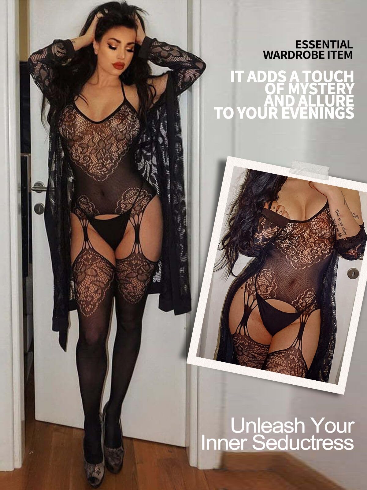 Buitifo Womens Fishnet Bodystocking Plus Size Crotchless Bodysuit Sexy Tights Soft Nightwear Lingerie: One Size Black Ngb