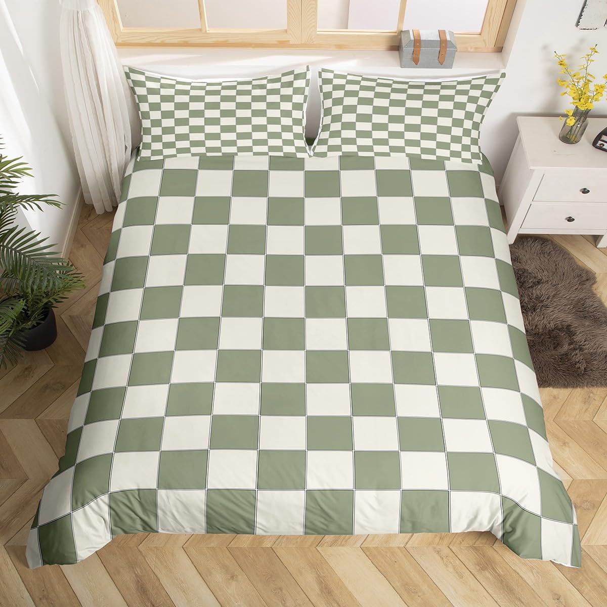 Plaid Comforter Cover Single Beige Sage Green Checkerboard Duvet Cover Geometric Checkered Bedding Set for Kids Boys Girls Aesthetic Grid Quilt Cover Modern Room Decor 2 Pcs