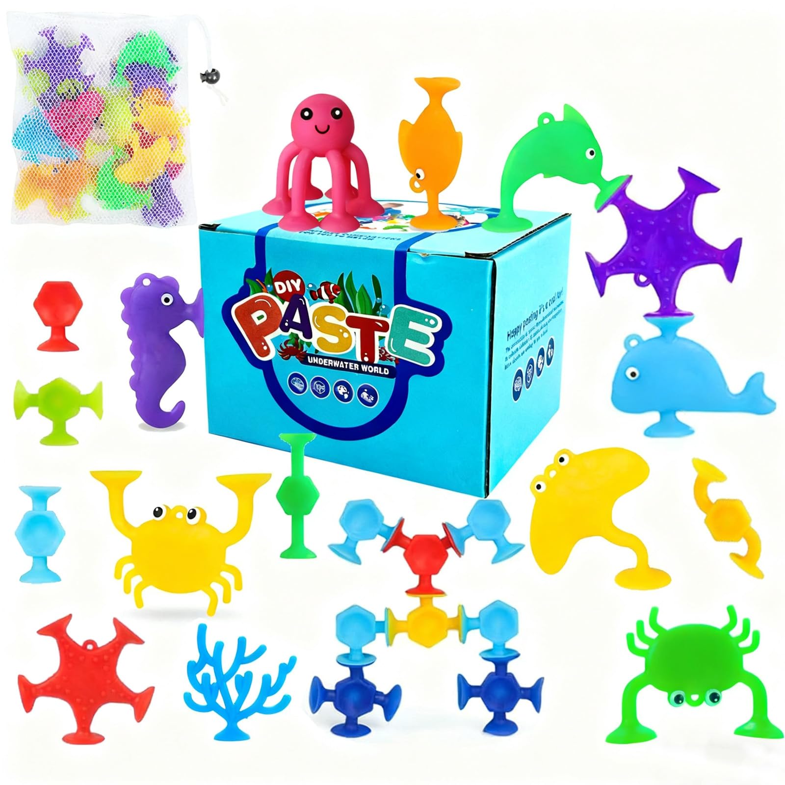 32 PCS Suction Toys, Bath Toy Set, Vibrant 5cm Sensory Water Play for Imaginative Fun and Learning, 10 cm x 10 cm x 1 cm