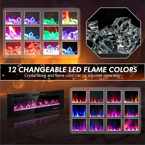 Miniatura 10 de MFSTUDIO Chimenea eléctrica de 72 pulgadas con control remoto y pantalla táctil, calentador de chimenea empotrado y montado en la pared, chimenea