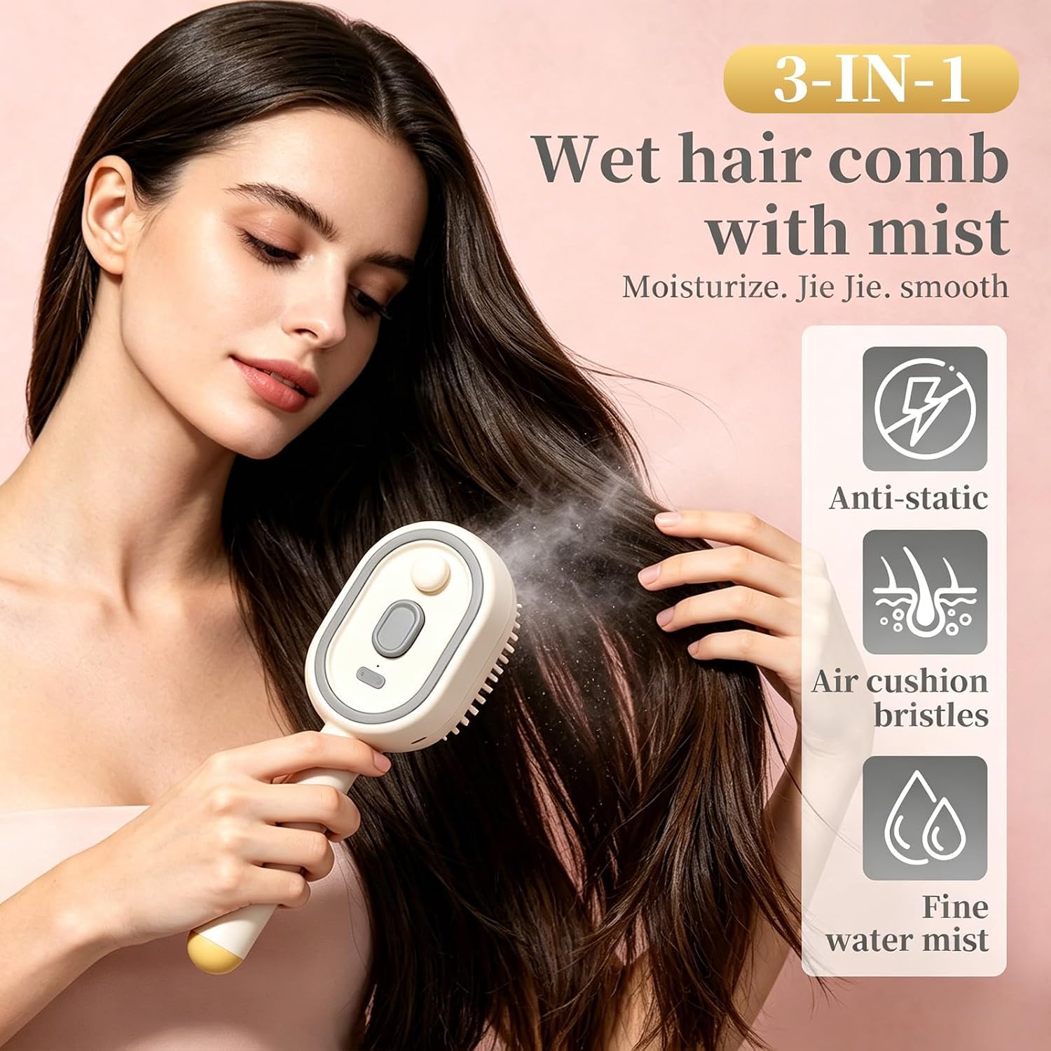 Electric Spray Air Cushion Massage Comb, Upgraded 5 in 1 Rechargeable Air Cushion Hair Brush, Retractable Self-Cleaning Steam Brush for Frizzy Hair & Scalp Care, Anti-Static & Detangling (Beige)
