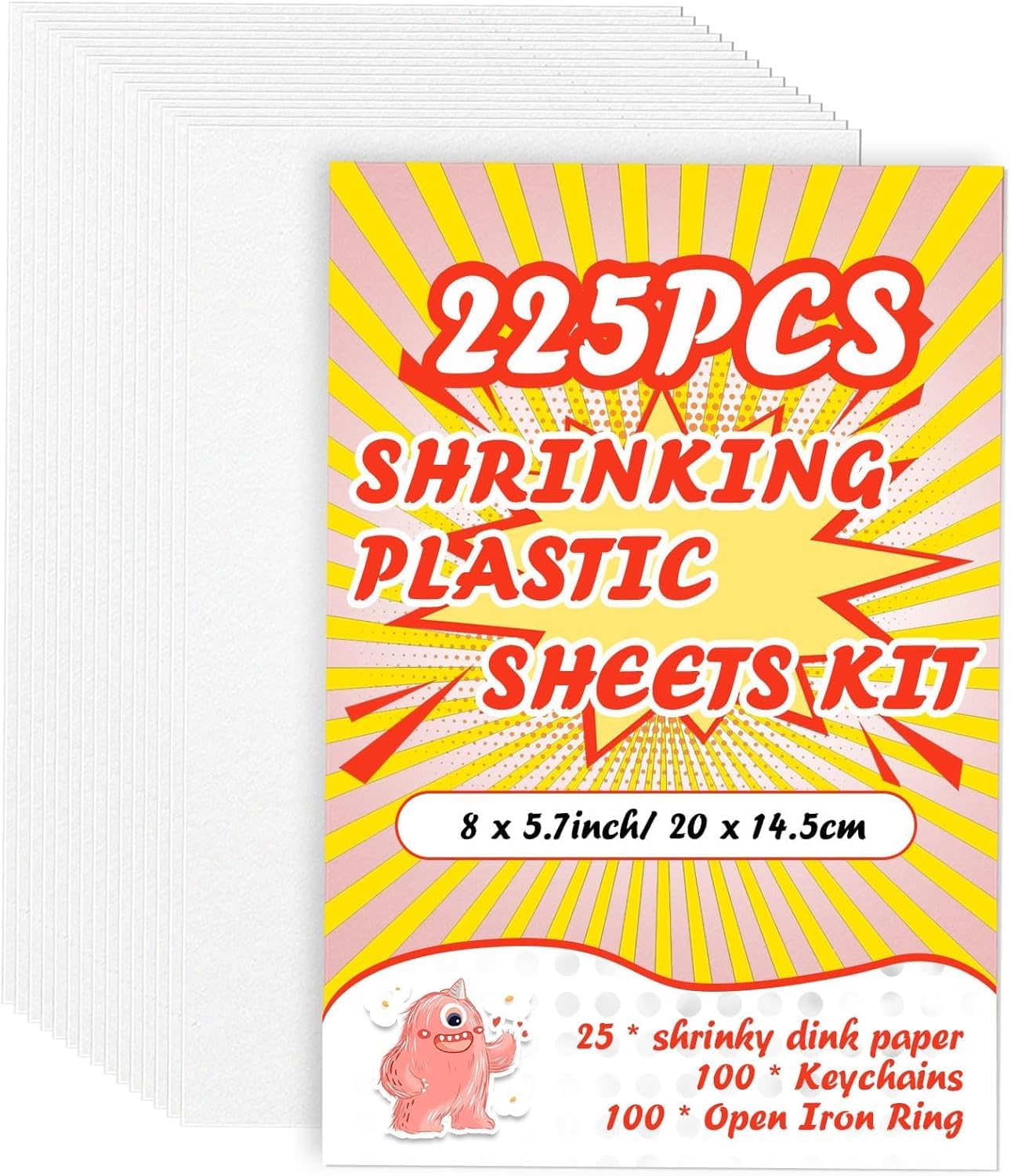 WOOWAIR 225 Pezzi Set di Fogli in Plastica Termoretraibile, 20x14,5cm Magica Shrink Plastic include 25 Fogli di Carta Termoretraibile e 100 Portachiavi con Catenine per Artigianale Creativa Fai da Te