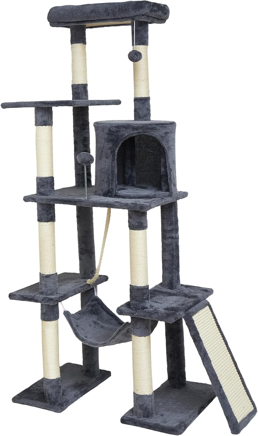 Large Cat Tree,65-inch Tall Multi-Level Cat Tower with Sisal-Covered Scratching Posts, Condo, Hammock, Dangling Ball,Grey