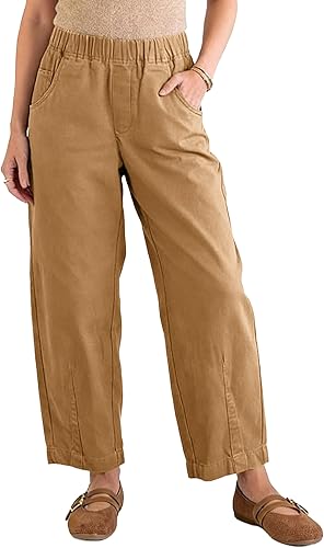 HOWALOOK Womens Wide Leg Barrel Pants Mid-Rise Casual Loose Elastic Waist Solid 
