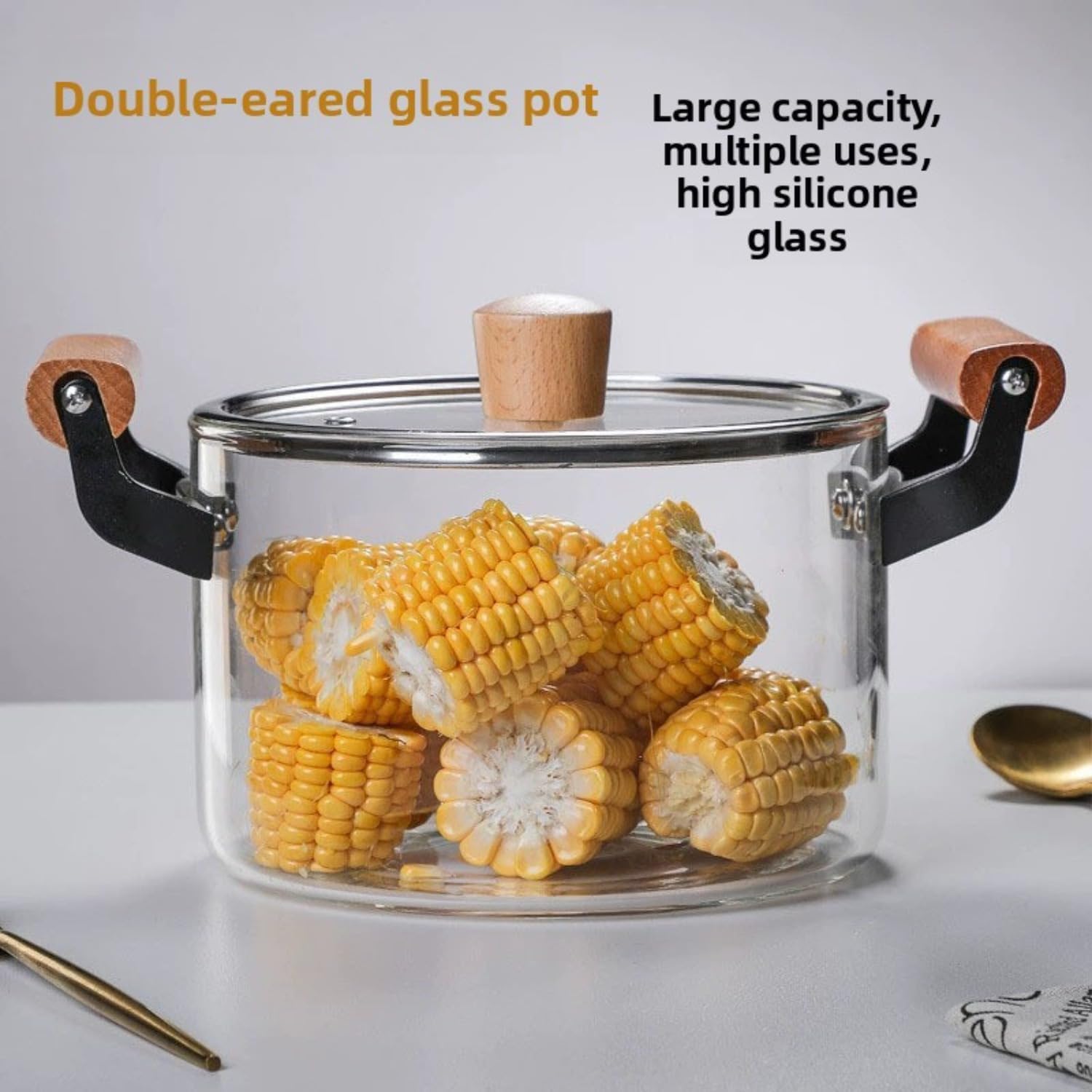 High Borosilicate Glass Pot with Wooden Handles – 2.5L / 3.5L / 4.5L / 5.5L Large Capacity Transparent Cooking Pot, Heat-Resistant Thick Soup & Stew Pot for Home Kitchen (4.5L)