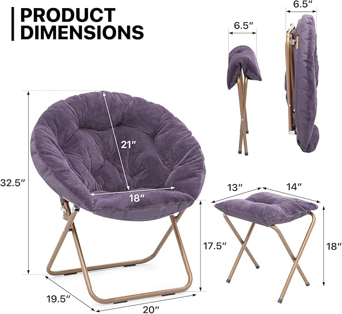 Sillón Plegable Redondo Peluche Púrpura con Puff miniatura 3