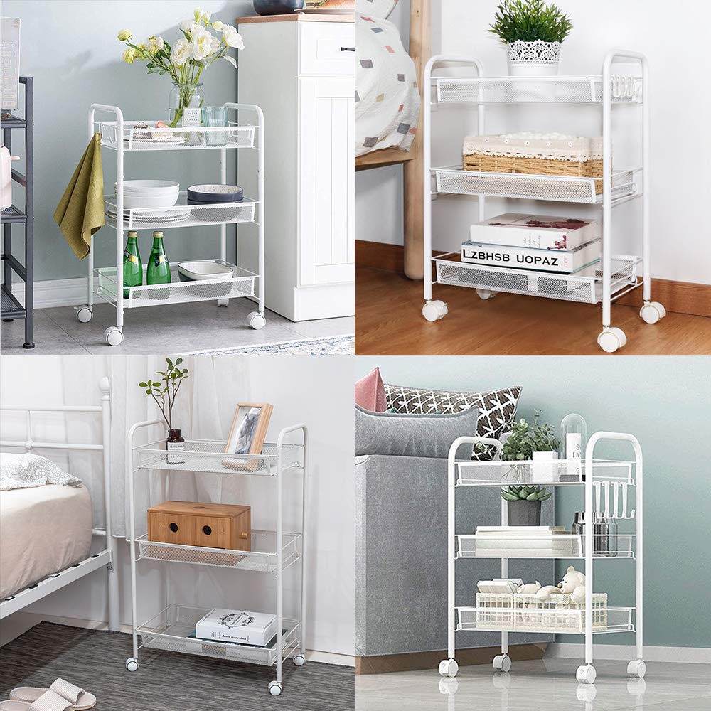 Carrello portaoggetti, con Ruote in Rete Carrello Portaoggetti Mobile in Metallo Multiuso con Due Ruote Bloccabili e Quattro Ganci, per Cucina, Bagno, Soggiorno, Studia, Camera da Letto (Bianca)