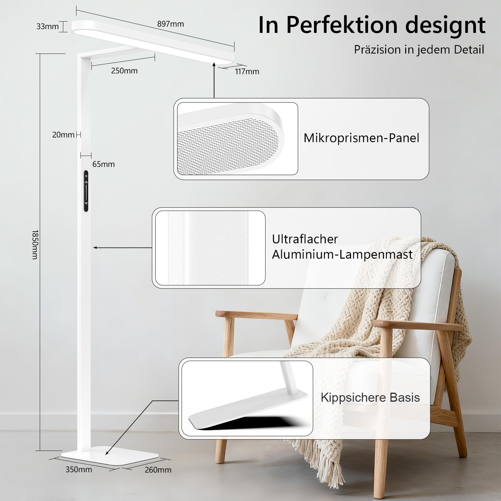 LES FLEURS 60 W LED-Büro-Stehlampe zum Lesen, 4300 lm, dimmbar, 185cm, Weiß | Vollspektrum-Leseleuchte mit Augenschutz, 4000K dimmbare Tageslicht für Wohnzimmer, Schlafzimmer, Arbeitszimmer und Büro