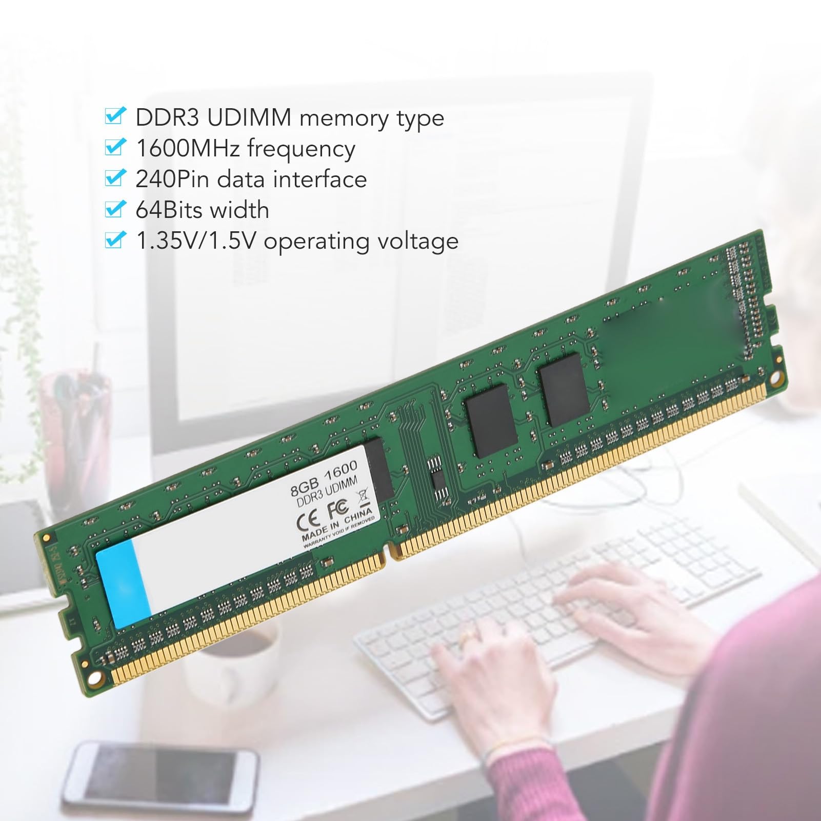 Cryfokt Wysokiej Jakości pamięć RAM DDR3 1600 MHz, szerokość 64 Bitów Zapewniająca Większe Prędkości, Funkcja Plug and Play dla Komputerów Stacjonarnych (8GB)