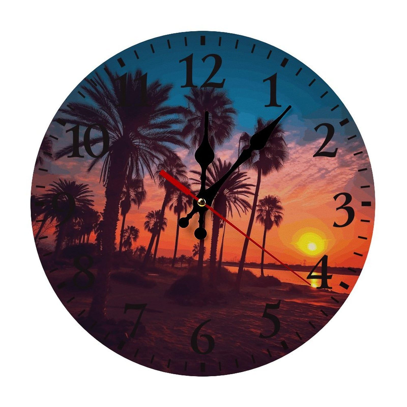 NTVOWPZO 10 Inch Wall Clock Palm Tree Sunset Battery Operated Wall Clocks Silent Non-Ticking Round Wall Clock for Living Room Kitchen Home Office Wall Decorative Clock