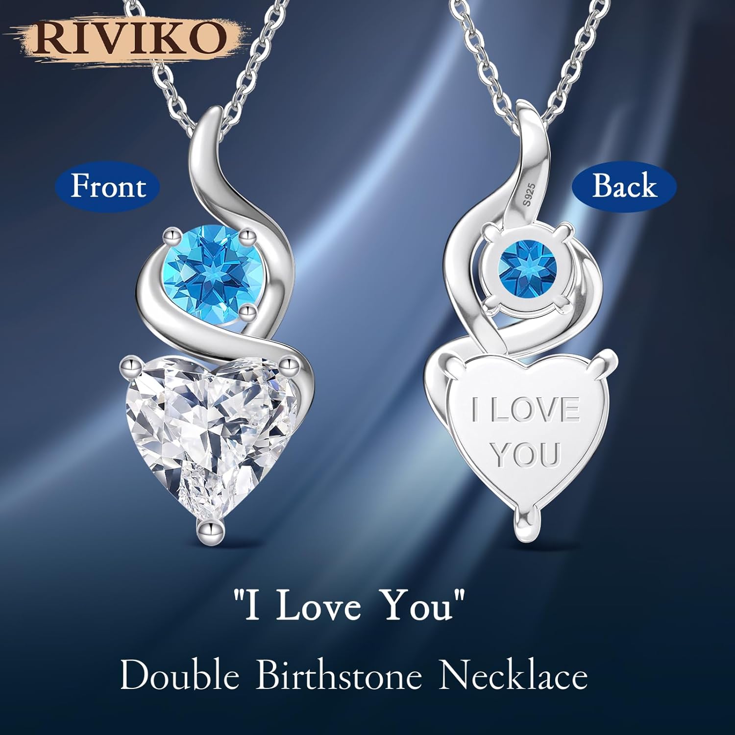 RIVIKO Valentines Day Gifts for Her-Double Birthstone Necklace for Women, 925 Sterling Silver Love Heart Pendant, Birthstone Jewelry Anniversary Birthday Gifts for Women Wife Mom Grandma Her - Image 4