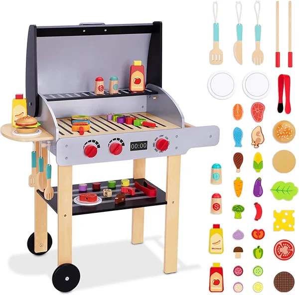 OOOK Wooden Play Barbecue Toy Grill, Kids Grill Playset with Toy Food and Grilling Tools, Play Kitchen Accessories for Toddlers Boys Girls Age 3+