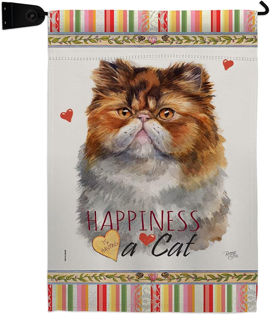 Persian Happiness Garden Flag Set Wall Holder Animals Cat Kitten Meow Spoiled Paw Fur Pet Nature Farm Animal Creature Small Decorative Gift Yard House Banner Made In USA 13 X 18.5