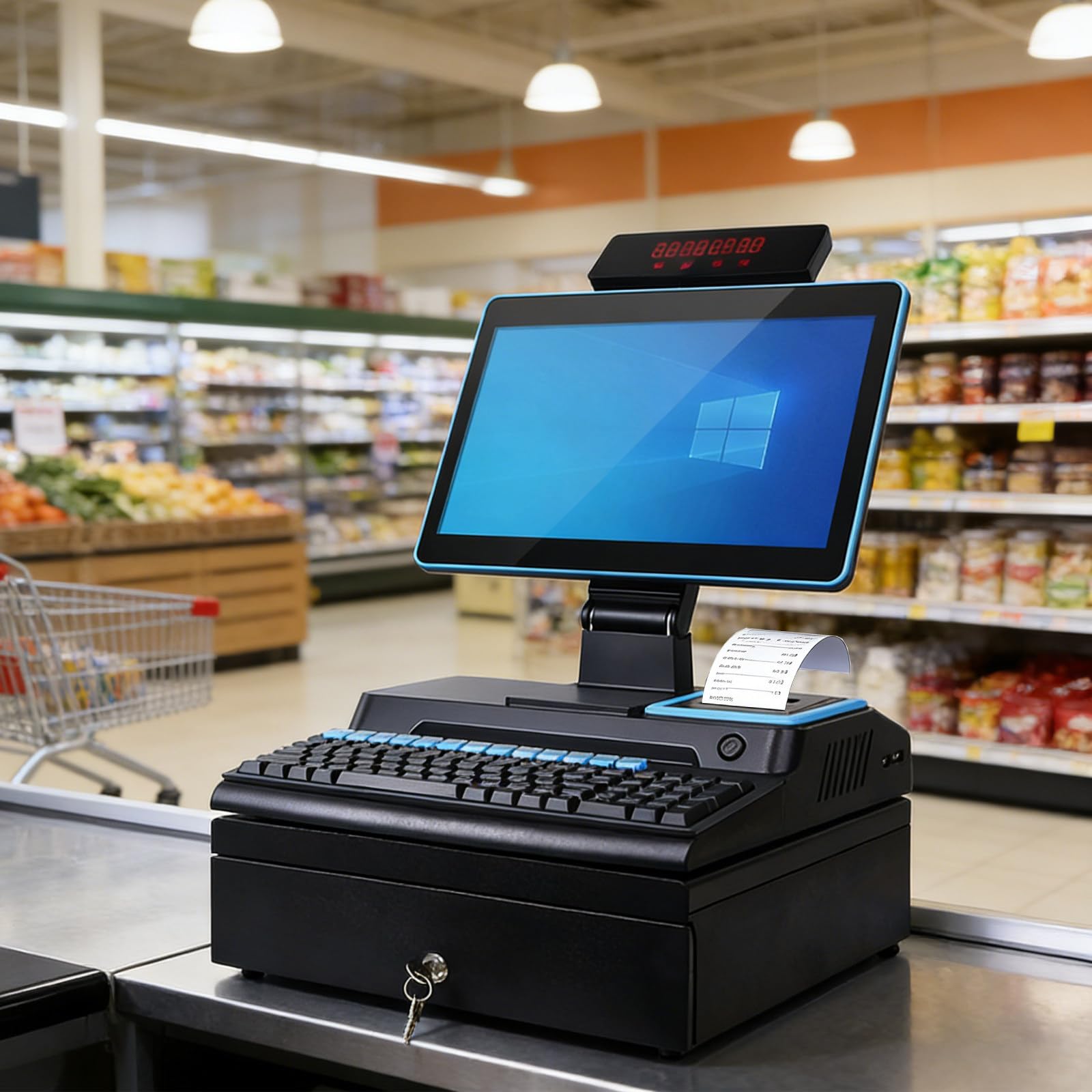 Kassensystem, Kasse Mit Windows, 15,6-Zoll-Touchscreen (Kapazitiv), Kassenterminal Für Einzelhandel Und Gastronomie, 8 GB RAM, 128 GB SSD, 58-Mm-Drucker Blue