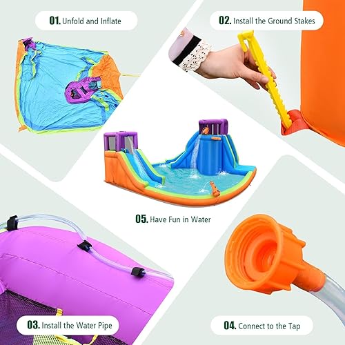 Miniatura 8 de BOUNTECH Parque acuático inflable de 15 x 14.5 pies, Mega tobogán acuático para niños al aire libre con toboganes dobles y escalada para diversión