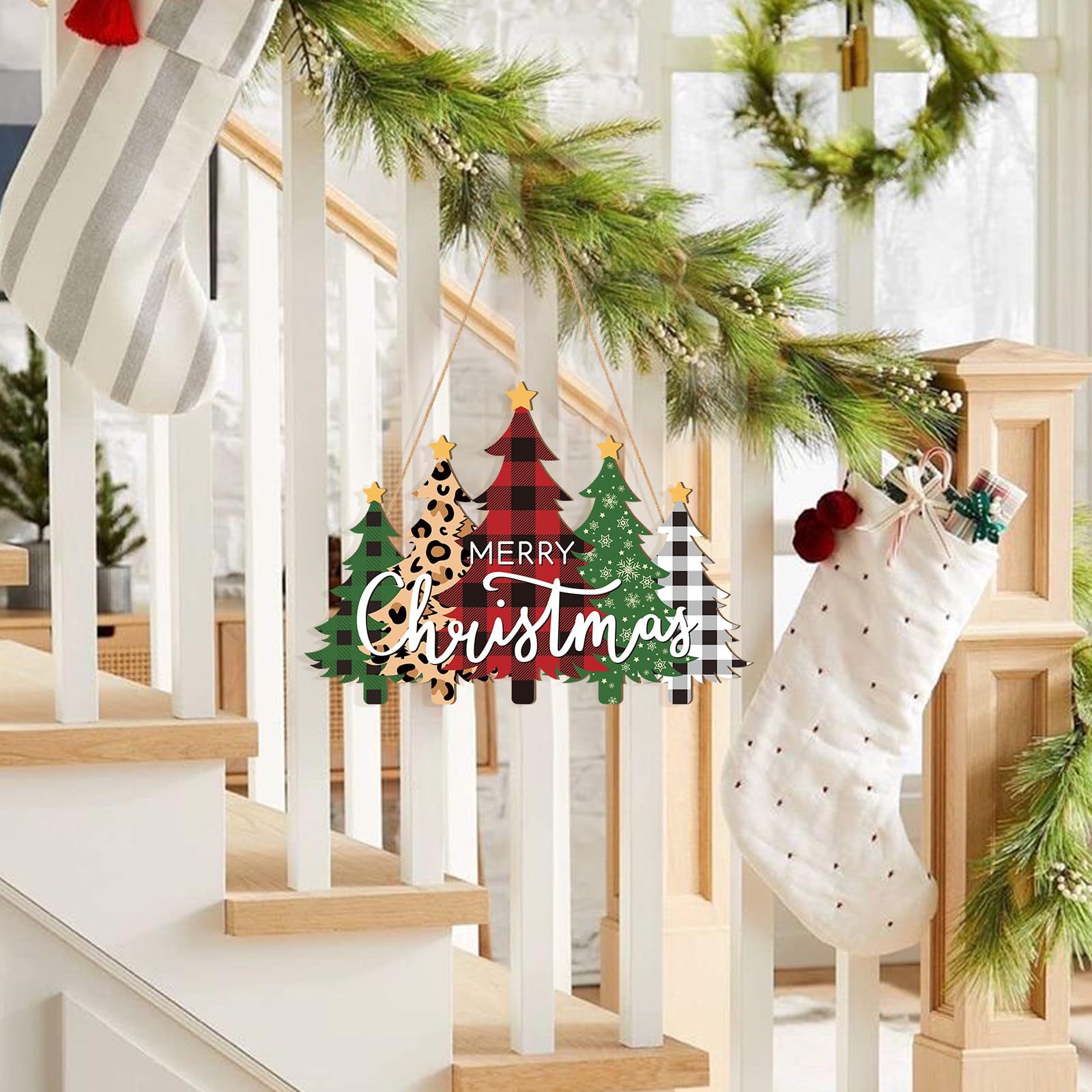 Sophena Decoración navideña de madera para el hogar, pancarta de feliz Navidad, telón de fondo para puerta delantera, decoración de coronas de Navidad, decoración de puerta y pared