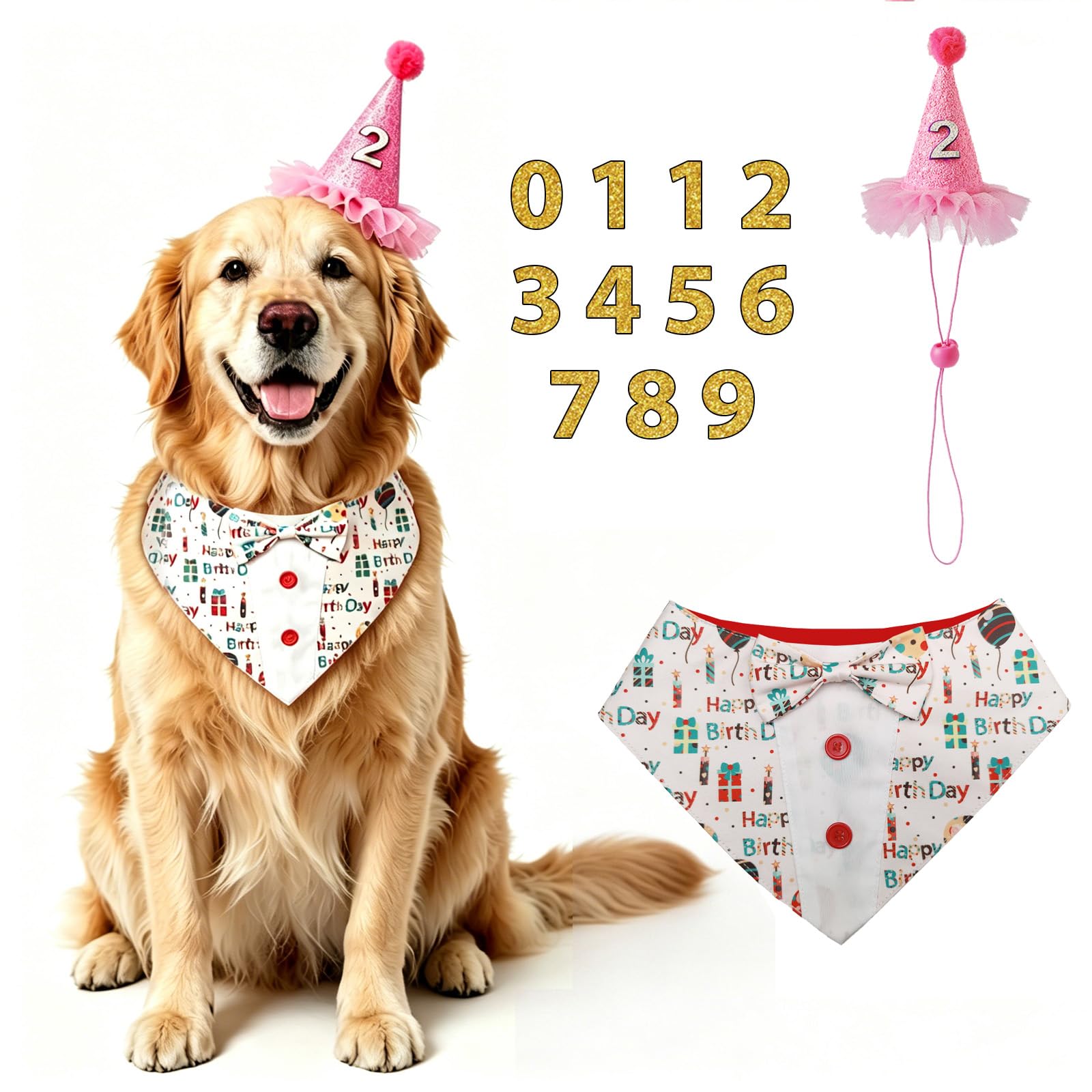 Fenralomi Dog Birthday Bandana and Hat Set, Happy Birthday Dog Bandana, Cute Dog Birthday Outfit Costume for Small Medium Large Dogs, Boy & Girl Pet Celebration Accessories (XS-XL) (White, XS)