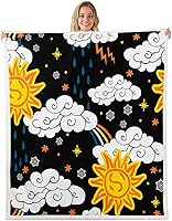 Vista 1 de Clouds and Sun Throw Flannel Blanket,Rain Stars Fleece Throw Blanket for Home Decor Sofa Couch,Cartoon Style Fleece Blankets,40"x50" Negro