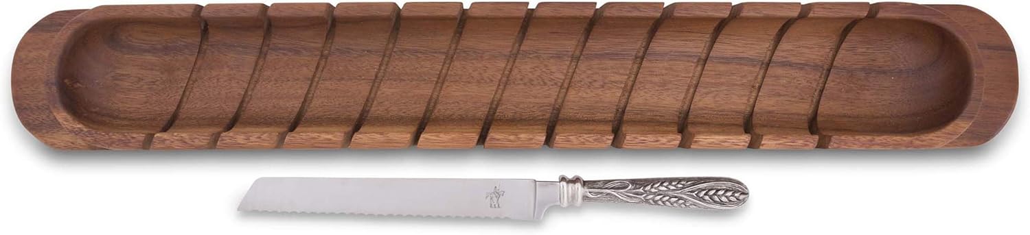 Vagabond House Wood Baguette Serving/Cutting Board with Wheat Pattern Pewter Handle Forged Bread Knife 26 inch Long x 4 inch Wide x 2 inch Tall
