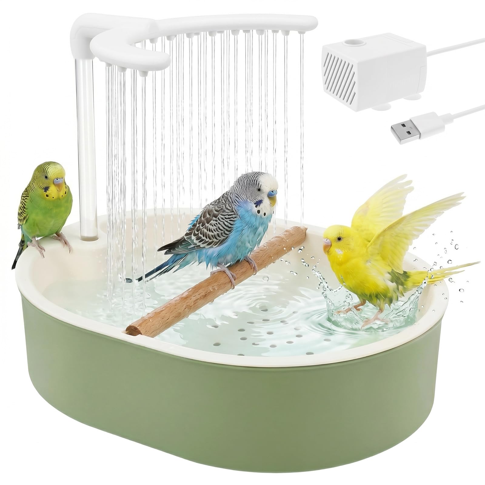 Automatische Vogelbadewanne mit USB-Wasserzirkulation | Robuste Vogeldusche & Papageienbad. Ideal für Wellensittiche, Nymphensittiche und Agaporniden. Fließendes Wasser per USB.