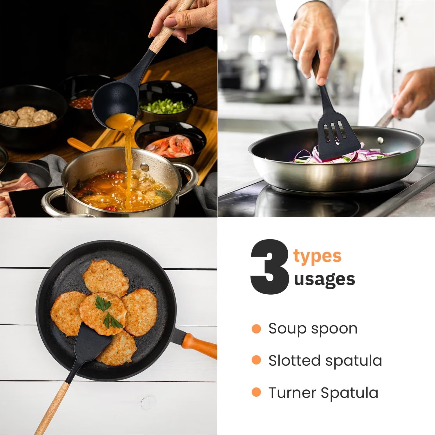 GREEVA 3 Pcs Silicone Kitchen Utensils Set, Heat Resistant Silicone Spatula Turner Set Wooden Spoons Kitchen Tools Cooking Utensils for Nonstick Cookware (3pcs Black) — Amazon image 3