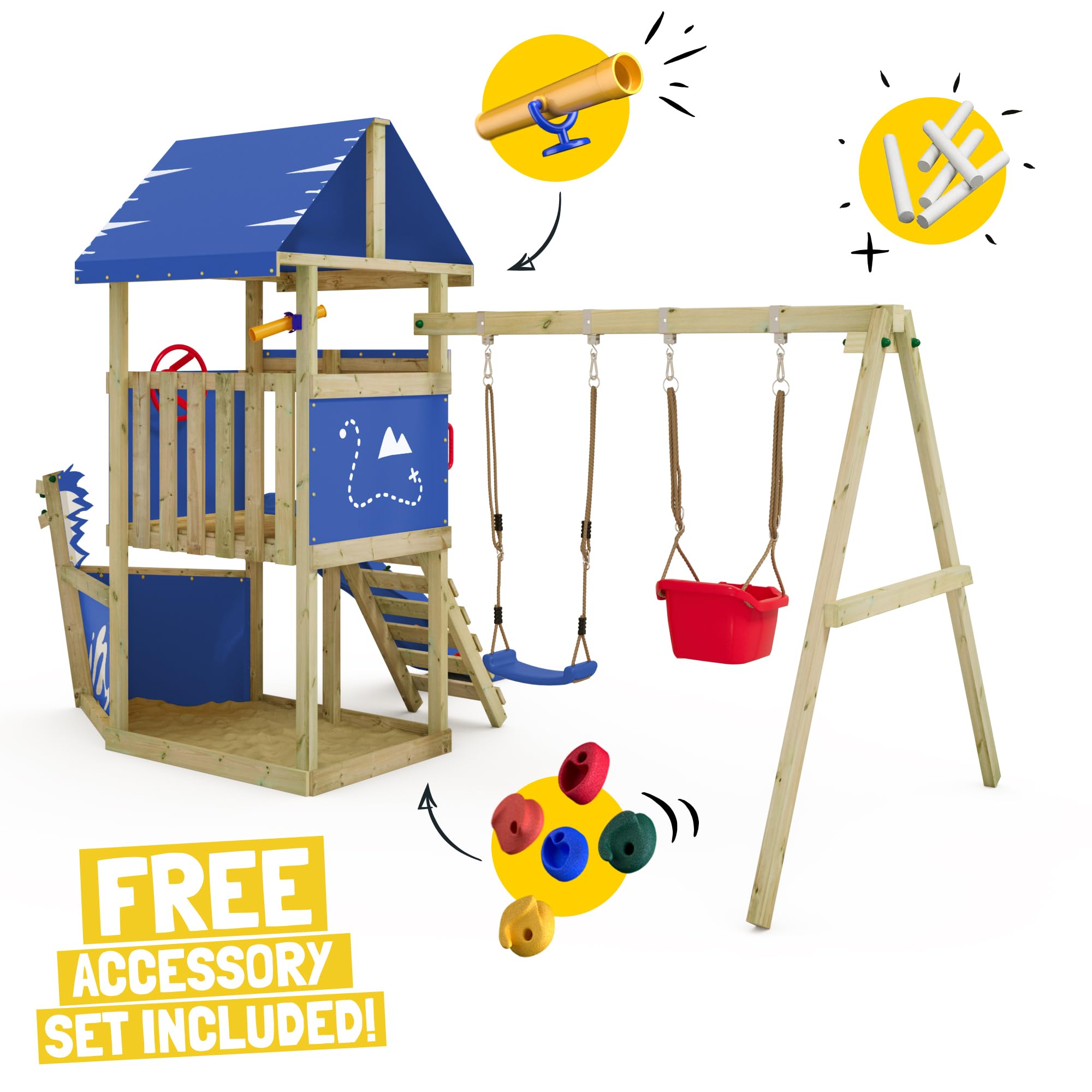 Wickey Parco giochi DinkyHouse con naso di nave - con scivolo & telone blu - Torre di arrampicata per bambini per il giardino in legno massiccio - 372x317x247 cm