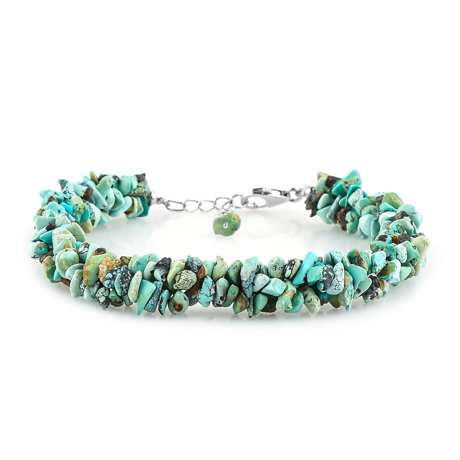 CRYSTALIS Natural Turquoise Beads Braided Rope Bracelet, Chips Nuggets Beaded Gemstones, Chakra Healing Stones, Gift Giving Womens Jewelry, 925 Sterling Silver Bracelet 8 inch