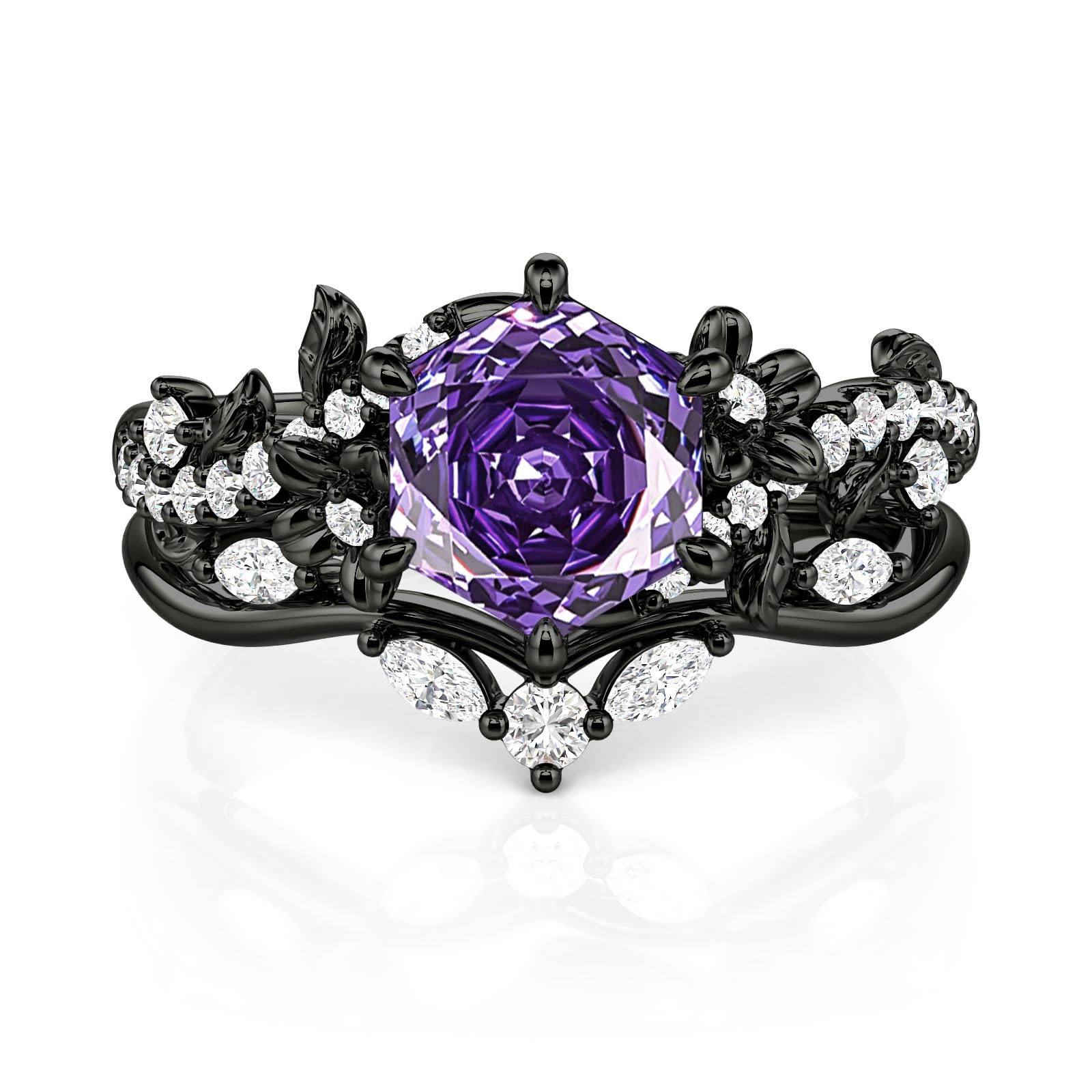 Jeulia 2PCS Wedding Ring Set for Women 1.5 ct Black Thorn Purple Rose Cut 925 Sterling Silver Gothic Bat Design Engagement Ring Vintage Jewelry with Gift Box