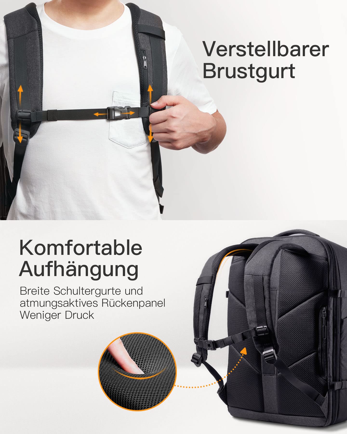 Inateck 38.5-46.2 L Reiserucksack erweiterbarer Herren Damen Handgepäck Flugzeug Rucksack, 15.6 Zoll Laptop Rucksack spritzwassergeschütztes Carry on Kabinenrucksack für Weekender