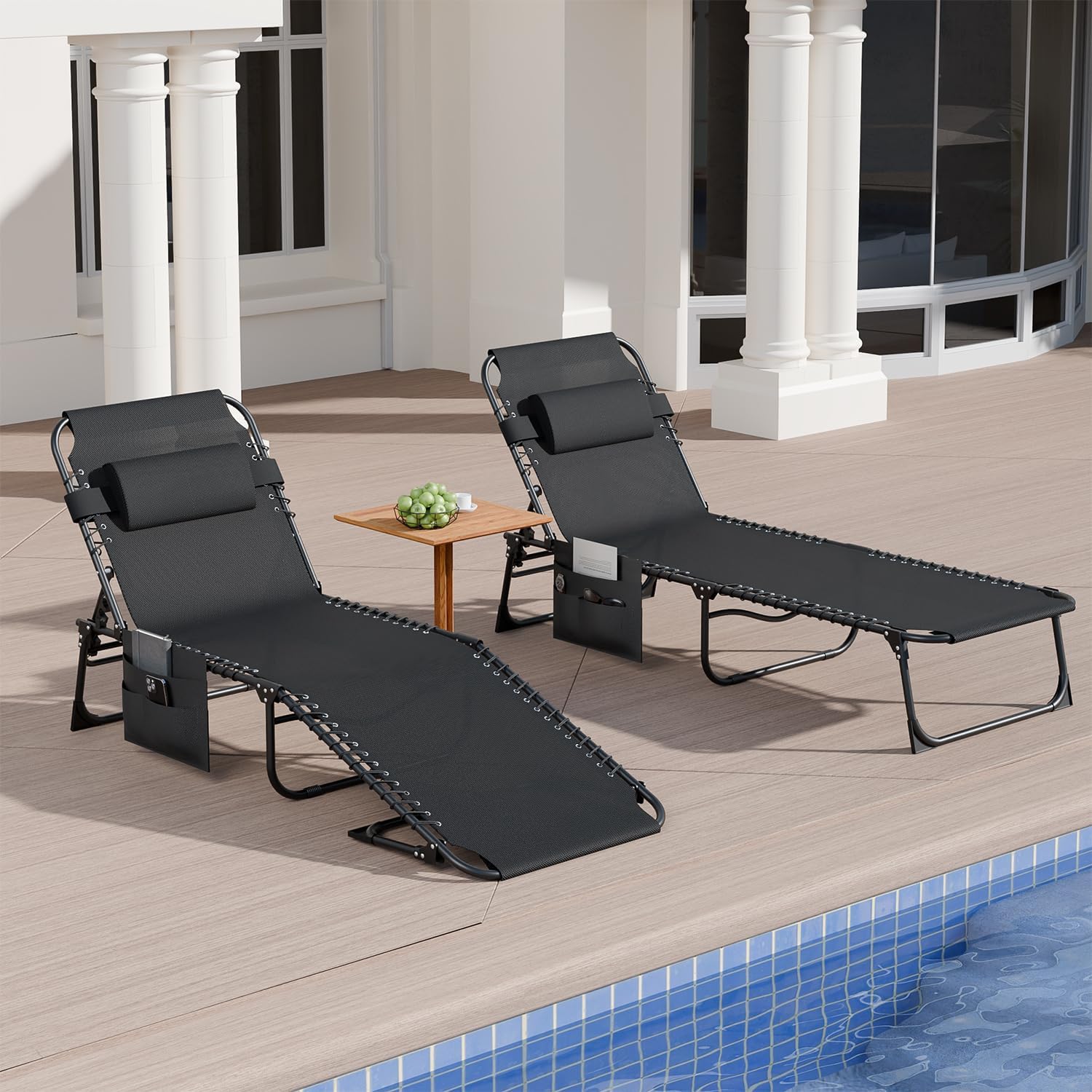 EBE Outdoor Lounge Chair Set of 2, Portable Patio Sun Tanning Chair with 4-Position Reclining Back, Pool Chaise Lounge Chair with Detachable Pillow and Side Pocket for Beach, Poolside, Black