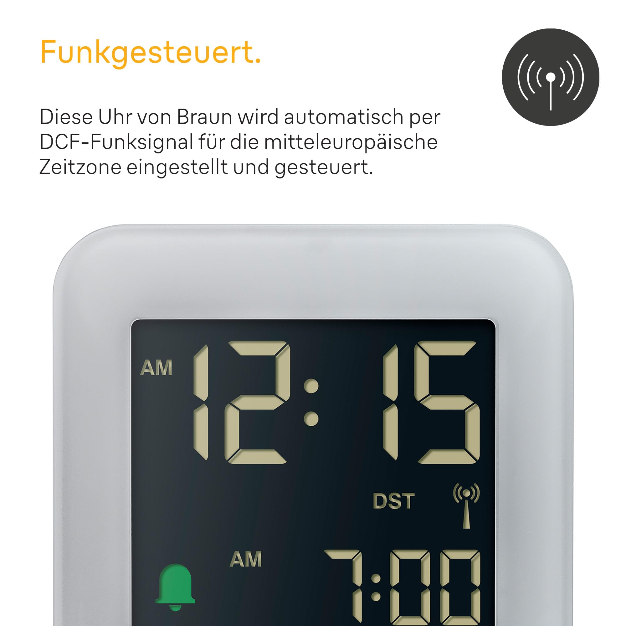 Braun Réveil de Voyage avec Projection numérique Radio-pilotée pour Les fuseaux horaires d'europe Centrale (DCF) avec Fonction Snooze, Taille compacte, bip d'alarme Crescendo, modèle BC08G-DCF Gris.