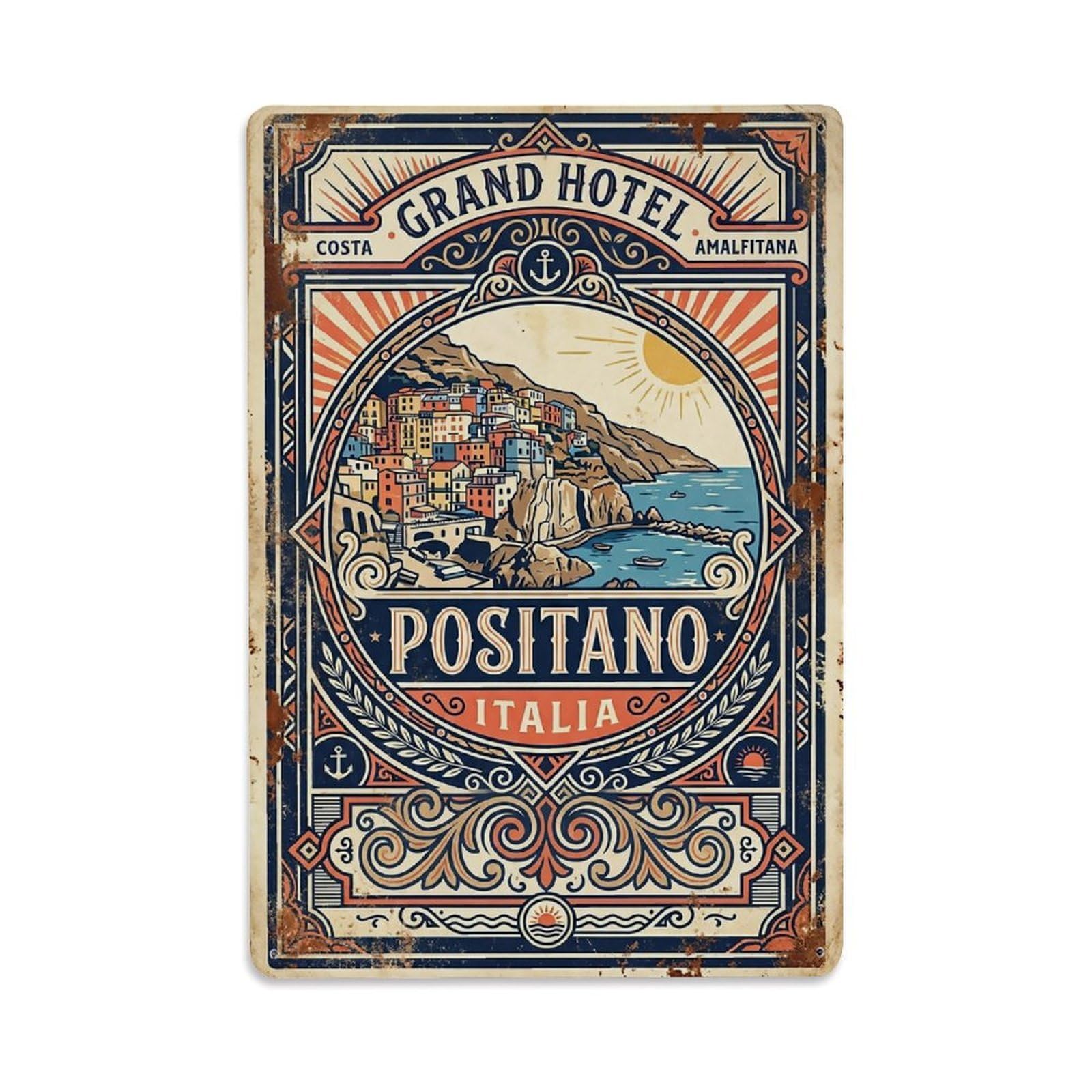 Huiyhb 8X12inch(20X30cm) Vintage Travel Positano Italy Heritage Badge Emblem Metal Tin Sign