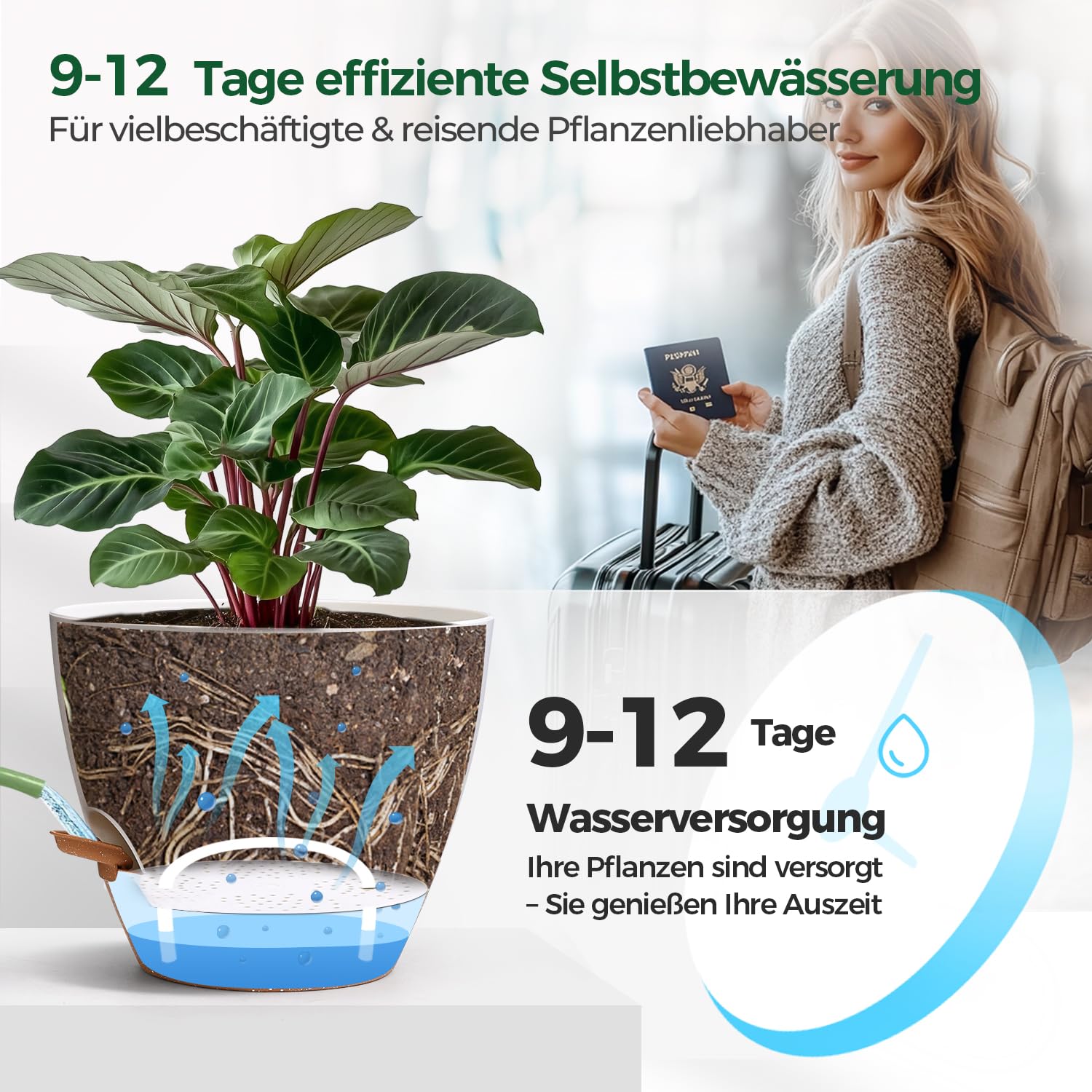 T4U 2er Set 25cm Selbstbewässernder Blumentopf mit Wasserstandsanzeige, ideal für Geigenfeige & Monstera, pflegeleicht, blumentopf Gross innen & pflanzkübel groß außen,（Weiß）