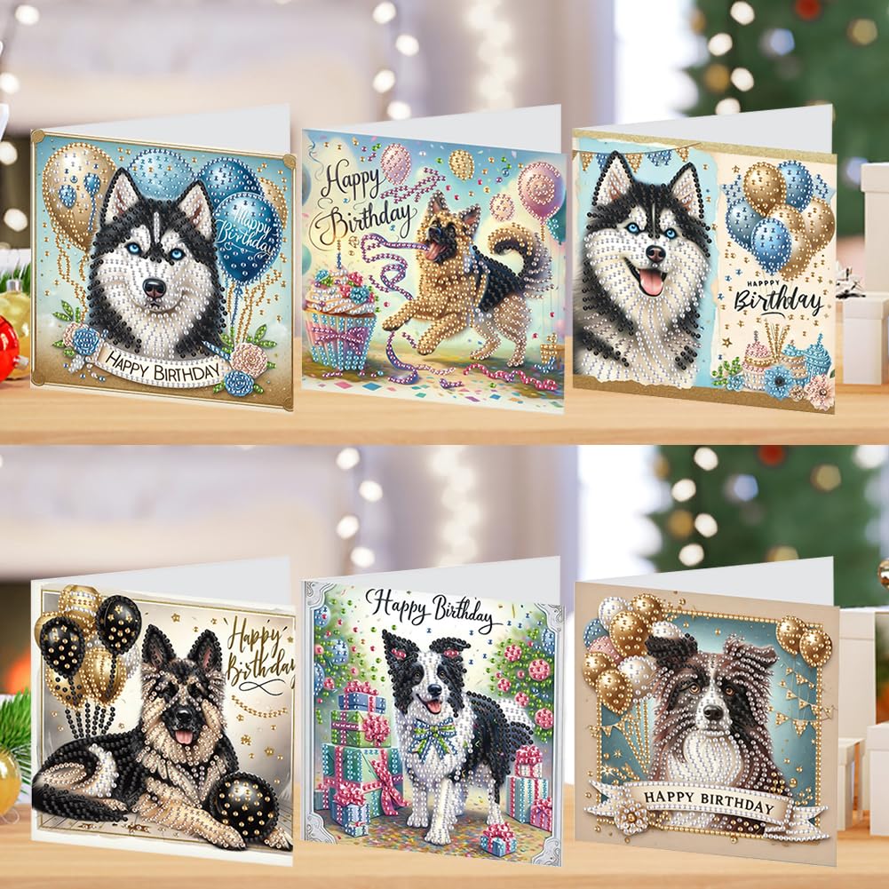 SPEPROECO 6PCS Birthday Puppy DIY Diamond Art Painting Cards Rhinestone Painting Greeting Card Kit Easter Handmade Card Crafts for Brithday Easter Party Favors