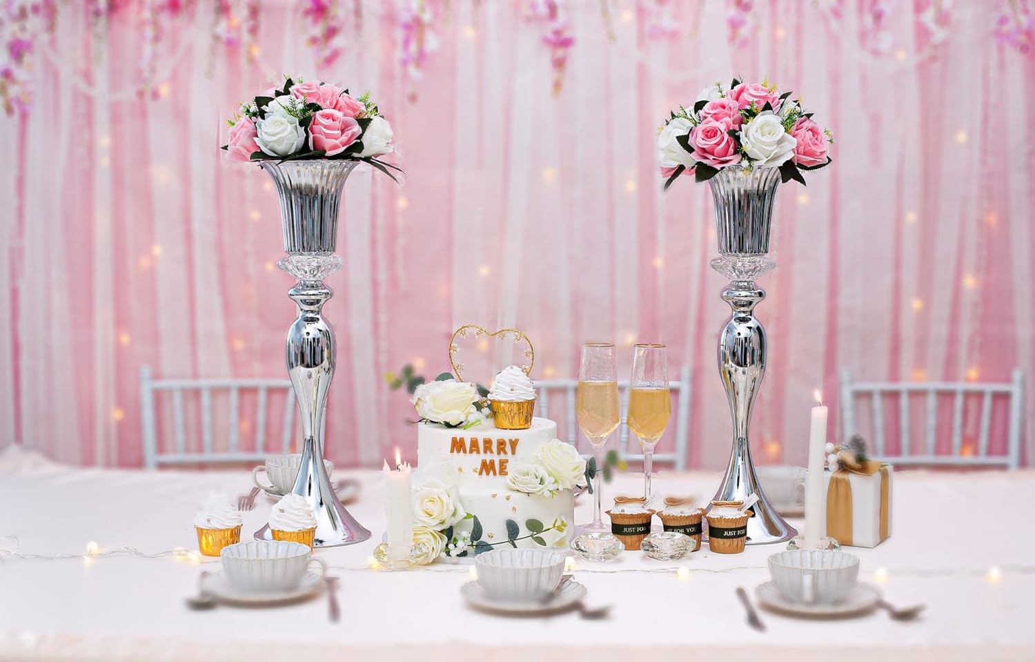 LANLONG Silver Metal Trumpet Vase, 22in Wedding Reception Centerpiece, 2Pcs Set, with Crystal Bead for Home Decor
