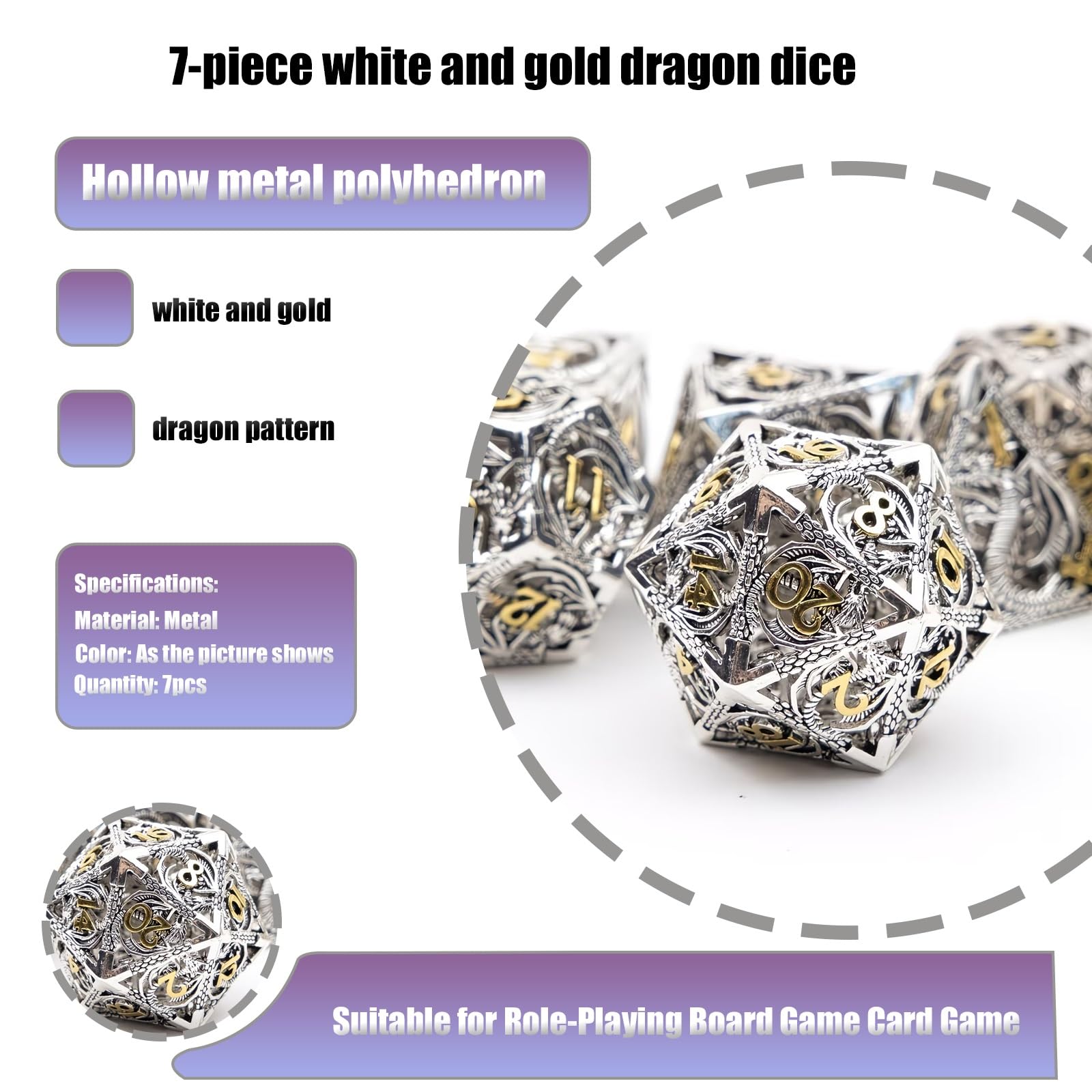Dés Dragon Blancs et Or (7 Pièces), Polyèdres Creux, Compatibles avec Les Jeux de Rôle, de Plateau et de Cartes