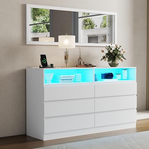 Dresser for Bedroom with Full Length Mirror 48"x16", White Storage Dresser with Power Outlet, 6 Drawer Dresser with LED Light, Modern Dressers with Charging Station(White)