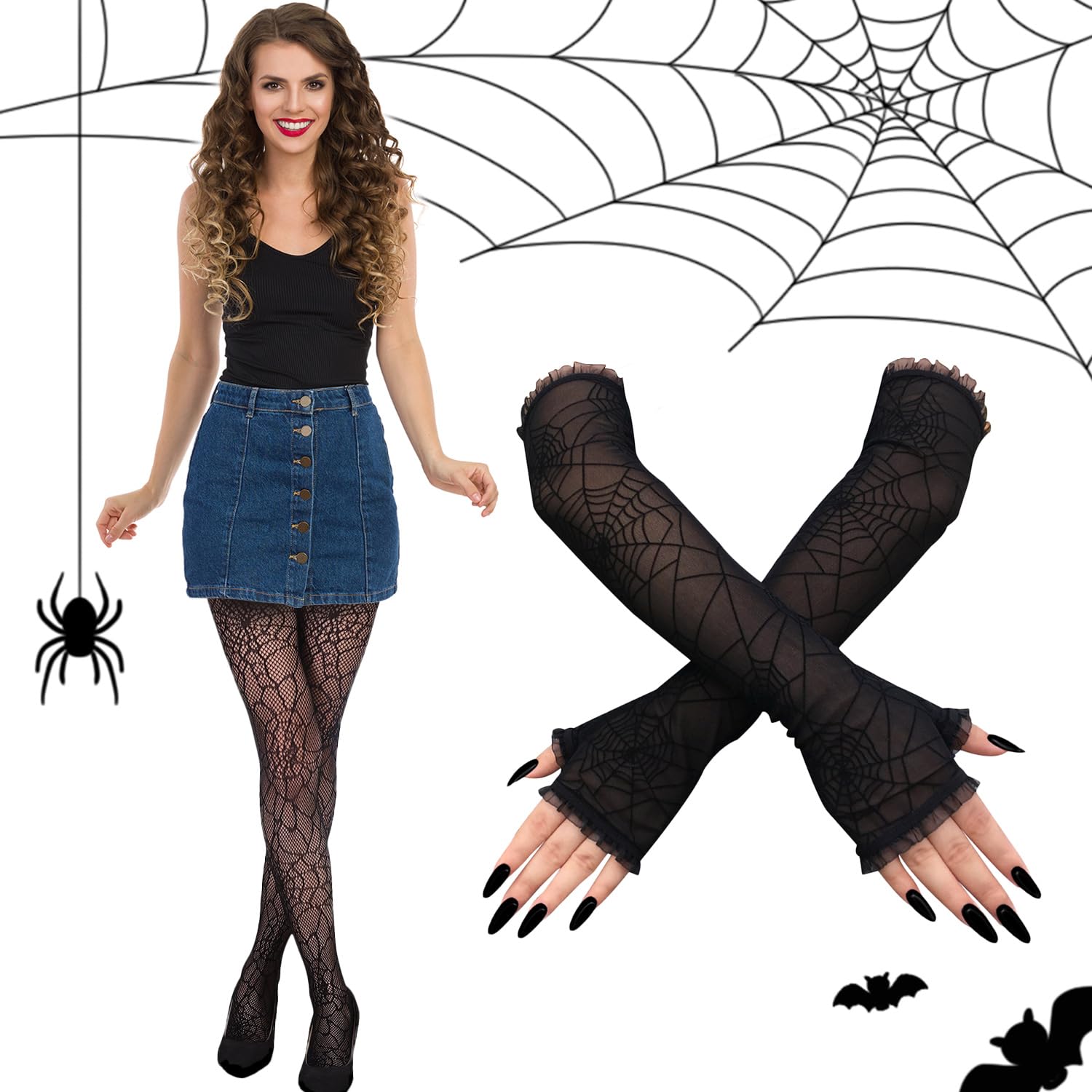 JNAWA 4Pairs Halloween Spiderweb Tights and Gloves Women's Spider Web Gloves Fingerless Stockings Fancy Dress Costume Accessories for Halloween Party - Image 4