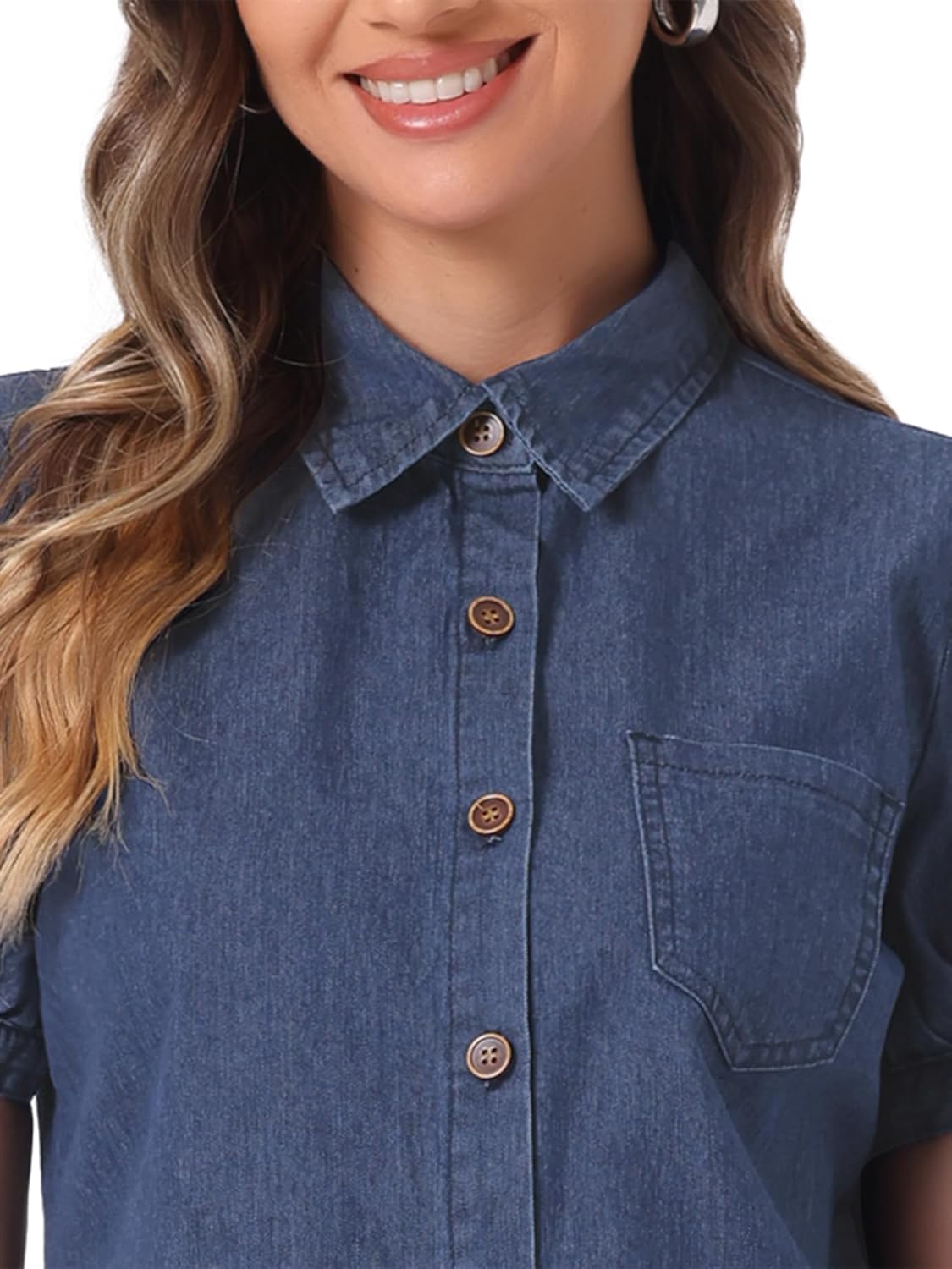 Allegra K Women's Denim Tops Short Puff Sleeve Spread Collared Pocket Button Up Jean Shirt - Image 5