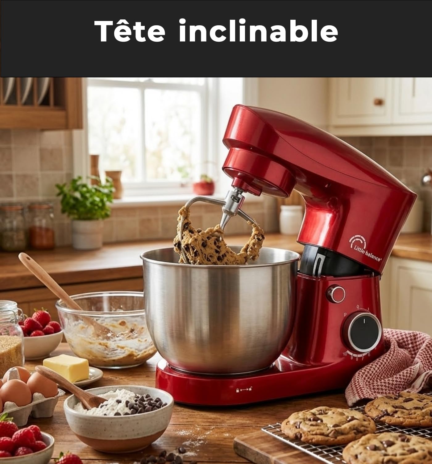 LITTLE BALANCE 3060 Easy Pâtisserie 2, Robot Pâtissier, Bol inox 5 l, 10 vitesses, Fonction Pulse, Tête inclinable, Avec Crochet, Fouet et Batteur pour mélanger, fouetter, pétrir, 1500 W, Piment