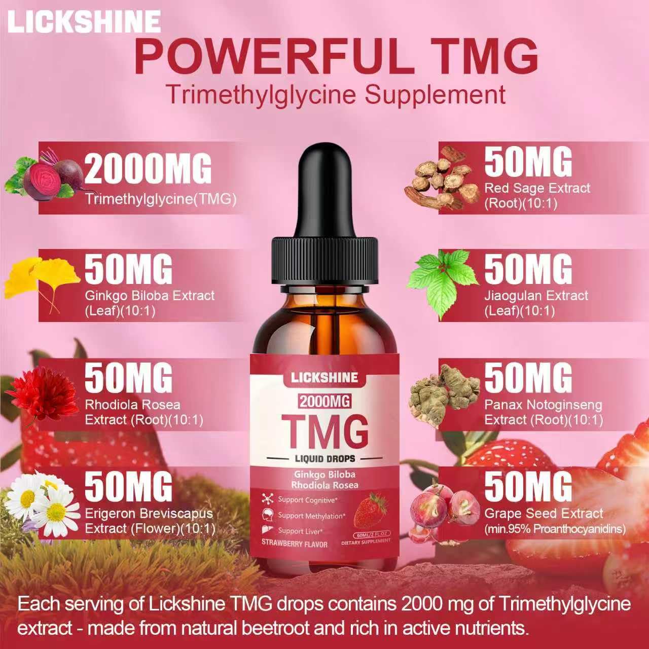 lickshine 2 Packs 2000MG TMG Supplements Liquid Drops - Trimethylglycine, Ginkgo Biloba, Rhodiola Rosea & Vitamins B, High Absorption, Brain Function - Strawberry Flavor 4 Fl.Oz — Amazon image 3