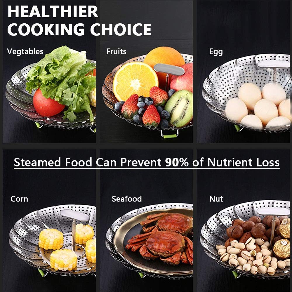Vegetable Steamer Basket Vege Steamer Basket for Fish Food Seafood Cooking Instant Pot Pressure Folding Stainless Steel Steamner Insert with Telescoping Handle Expendtable 5.5 To 9 Inches