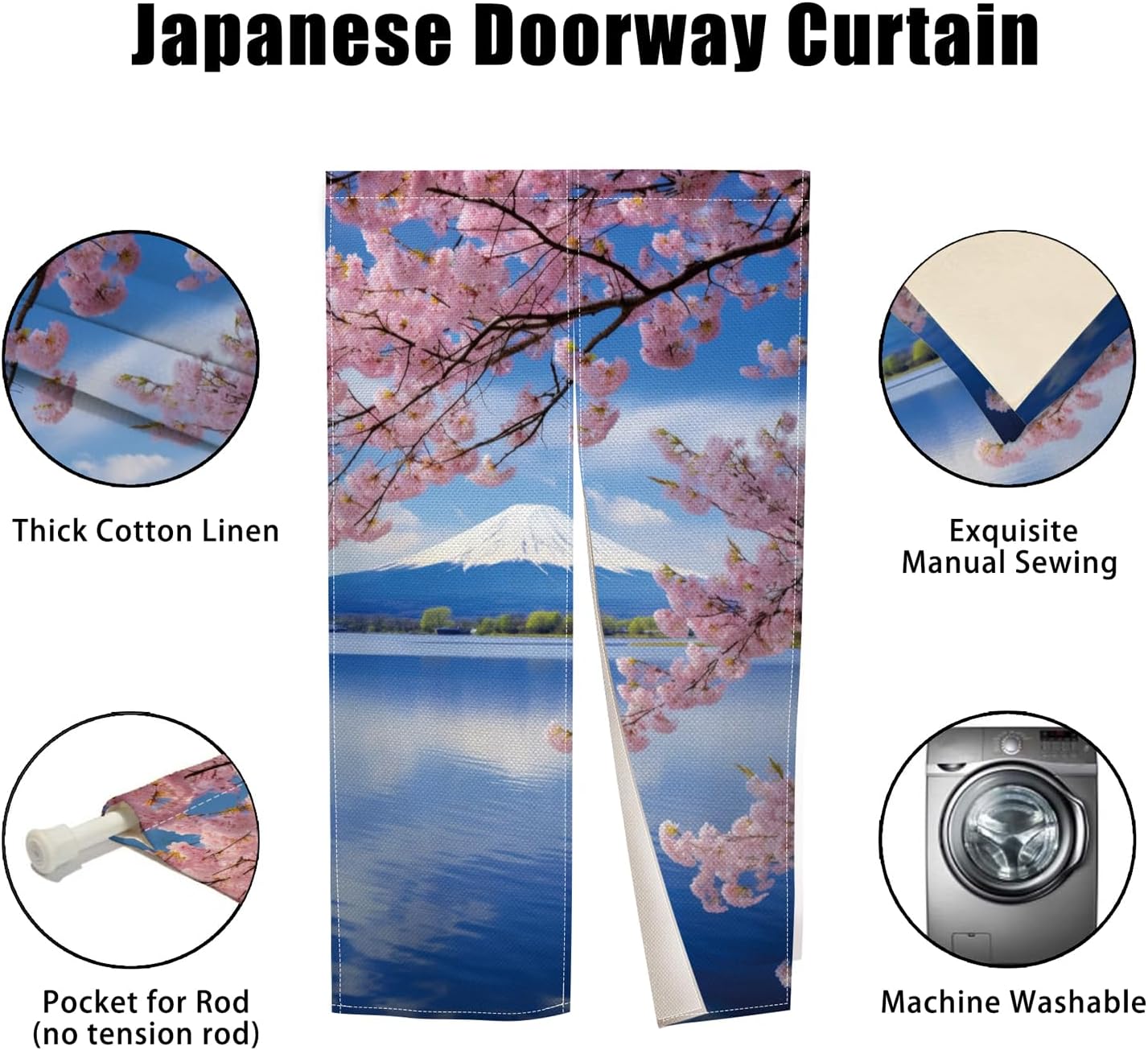 Long Japanese Noren Doorway Curtain Traditional Japanese Style Door Tapestry Sakura Mount Fuji Printed Window Treatment Feng Shui Doorway Curtain Panle for Room Kitchen Decor,33.5"x 47.2"