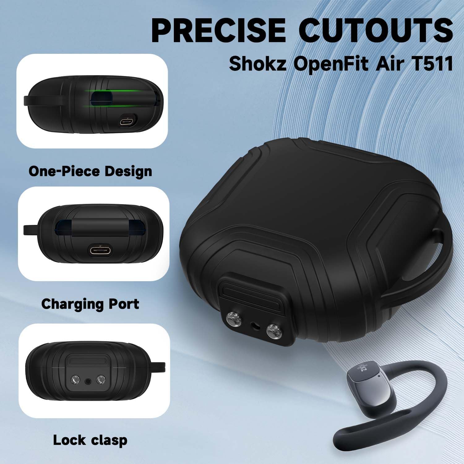 [Secure Lock] Case for Shokz OpenFit Air T511 Open-Ear Headphones, Silicone Anti-Slip Anti-Scratch Protective Cover for Shokz OpenFit Air T511 Case Earbuds Charging Case with Carabiner (Black) - Image 2