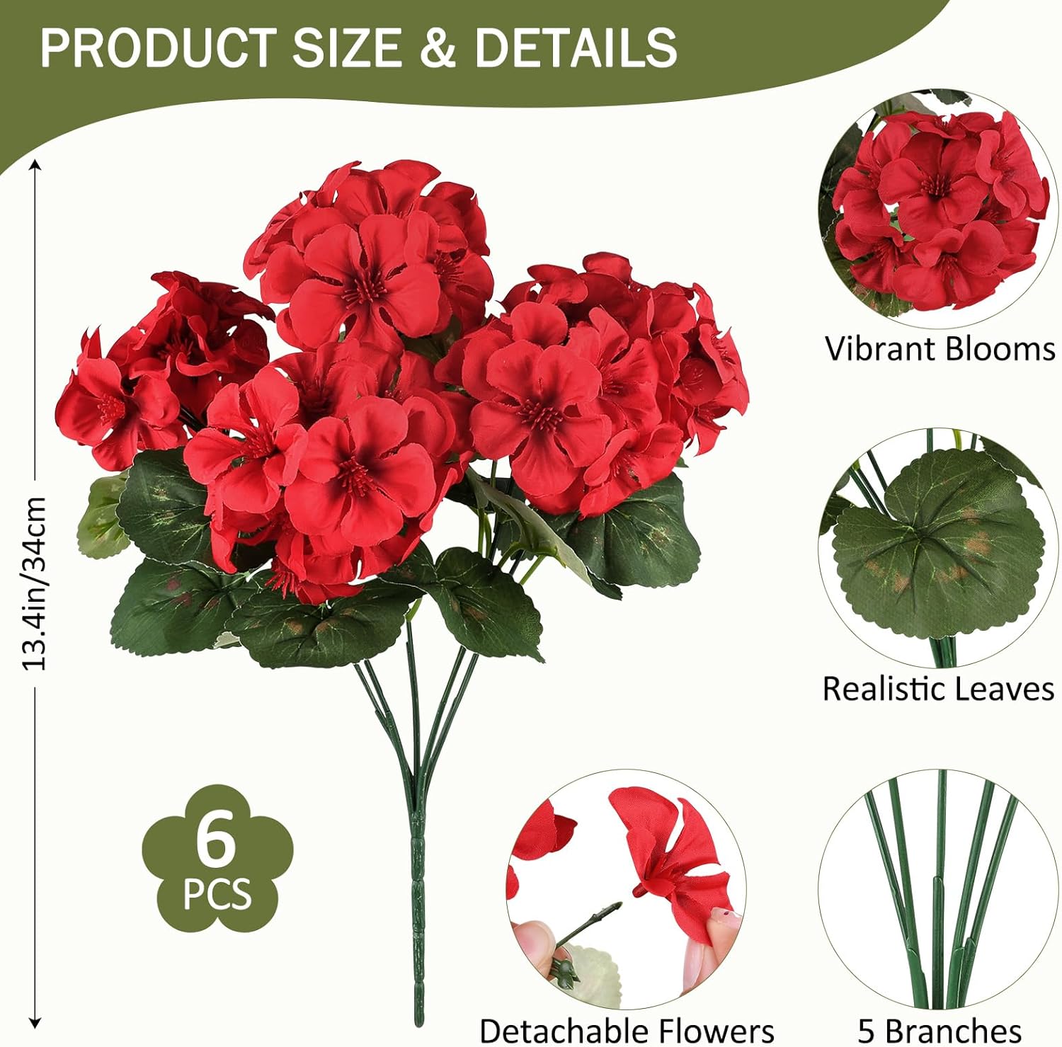 6 Bundles Red Artificial Geranium Flowers for Outdoors Spring Decor Geraniums Silk Flowers UV Resistant Lifelike Faux Flowers for Spring Indoor Outdoor Garden Patio Porch Balcony Home Decoration