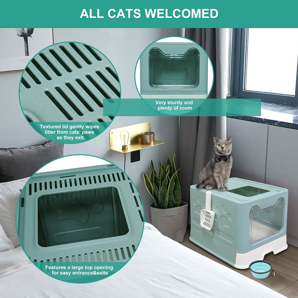 MelkTemn Foldable Cat Litter Tray with Lid Top Entry Litter Box Pet