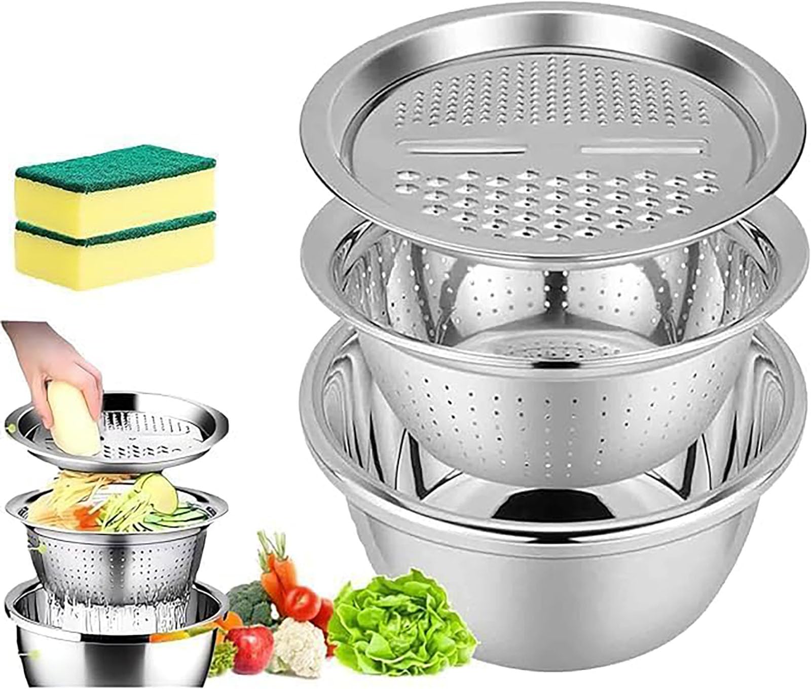 Multifunktionales Edelstahl-Schneidebecken, 5-in-1 mit Reibe, Sieb, Drainage und Reisreiniger, 26 cm für die Küche