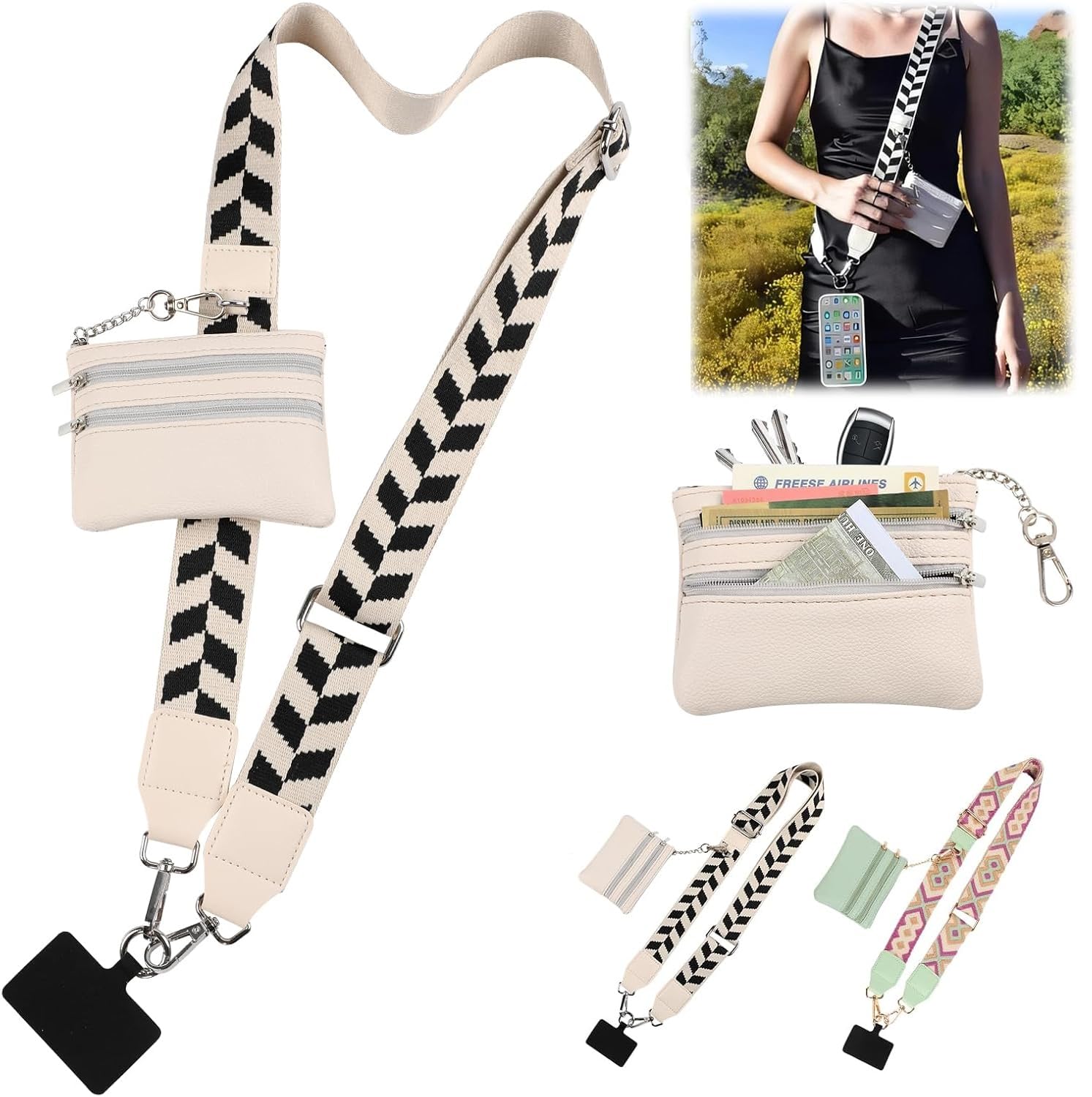 KELVEE Phone Strap with Zippered Pouch, Detachable Clip and Go Strap with Leather Wallet Crossbody Adjustable Chain Lanyard Mobile String for All Phones Sling Case, Gift for Stylish Women (Black)