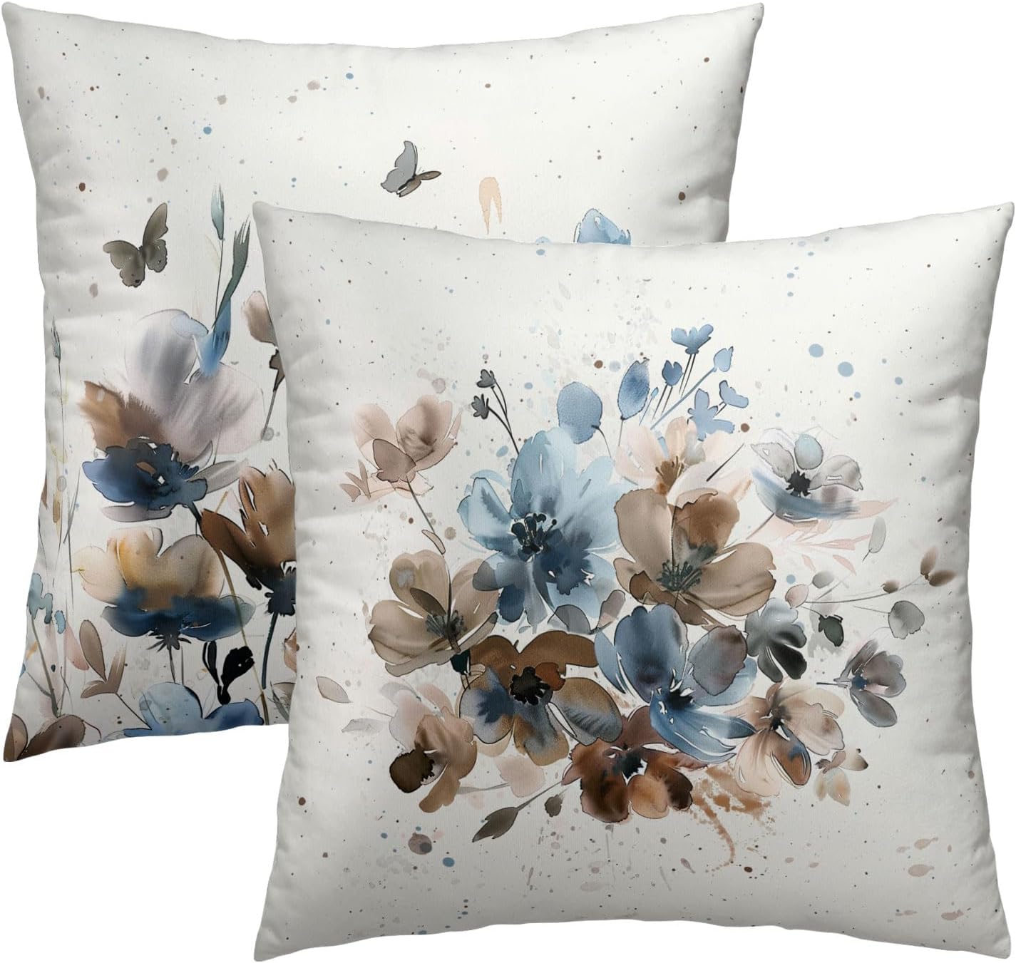 Floral Throw Pillow Covers Watercolor Blue Flowers Pillowcase Ink Art Style Home Decorative Soft Square Cushion Cover 18X18 Inch for Sofa Bedroom Living Room,Set of 2